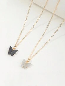 2pcs/Set Acrylic Sweet Color Butterfly Necklace Set For Girls, Perfect For Daily Wear - Multicolor - View 2