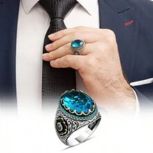 1pc Vintage Business Style Silver-Color Zinc Alloy Ring With Cubic Zirconia Decoration Suitable For Daily Wear And Engagement Ring For Men - Blue - View 3