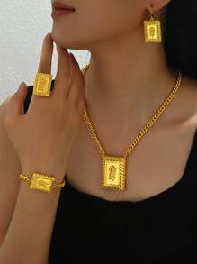 1 Set Of /Dubai/India Gold Luxurious Style Square Hollow Out Plain 3D Rose Jewelry Set. This 5 Pieces Luxury Gold Women Jewelry Set Is Suitable For Attending Parties And Festival Gatherings.