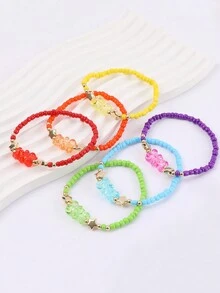 Juego de 6 pulseras de cuentas en colores del arcoíris para niñas con un lindo dije transparente de osito de peluche - Multicolor - Ver 3