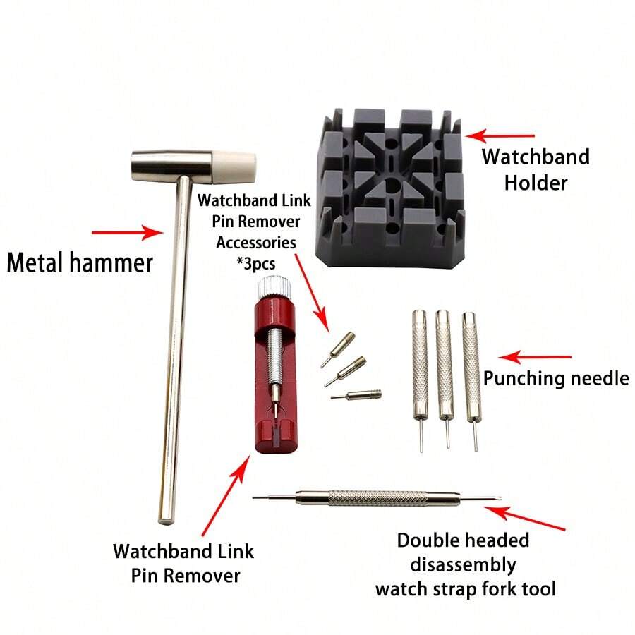 Bộ công cụ sửa chữa đồng hồ với bộ 10 chiếc - Dụng cụ tháo dây đeo, Bộ ngắt dây xích, Bộ điều chỉnh đồng hồ, Công cụ thanh lò xo để lắp ráp tháo dây đồng hồ - Bộ gỡ băng dính 10 trong 1 (model gỡ băng đỏ) - Xem 1