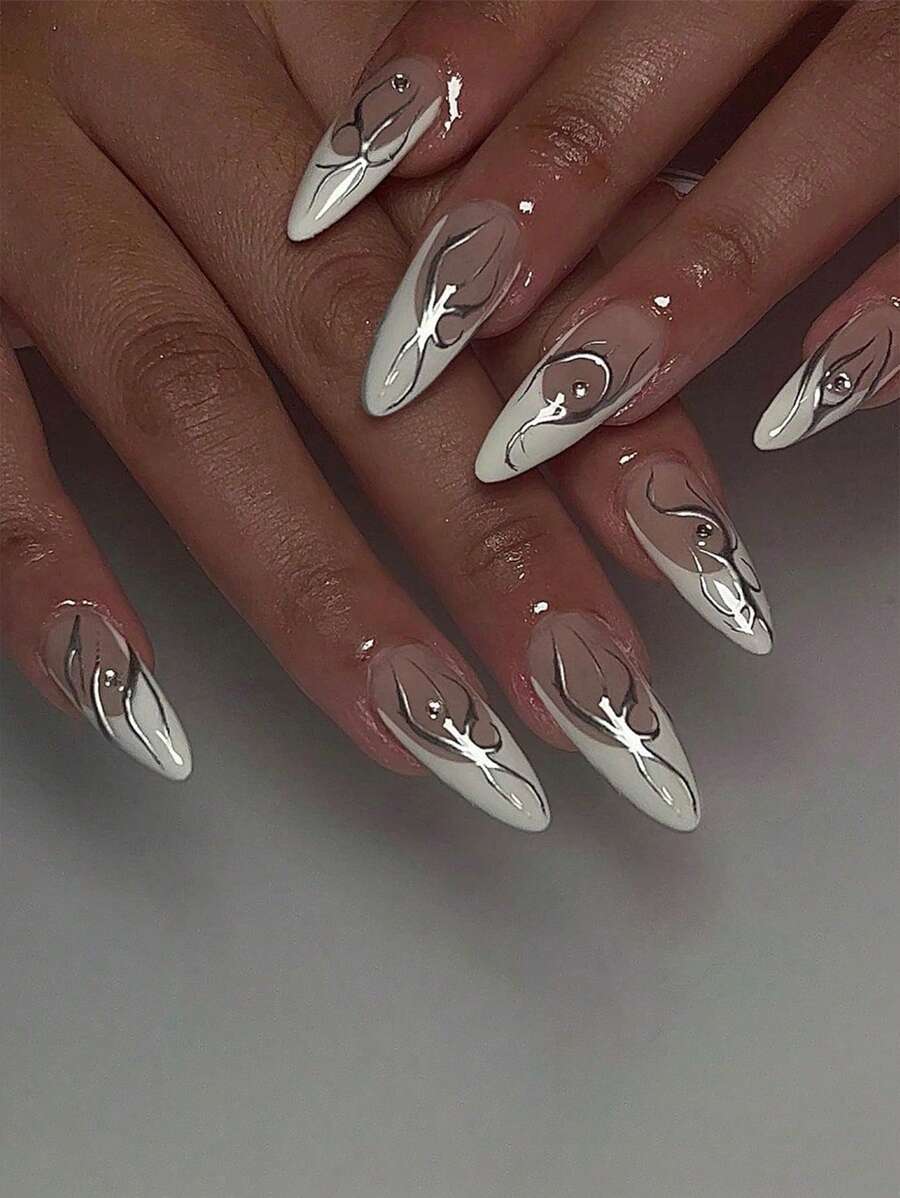 Kit de 24 uñas postizas en forma de almendra de tamaño mediano a largo con diseño sencillo francés plateado con estilo minimalista de metal pesado punk con borde blanco, incluye pegamento de uñas y cinta adhesiva de doble cara, para suministros de uñas y uñas postizas - Multicolor - Ver 1