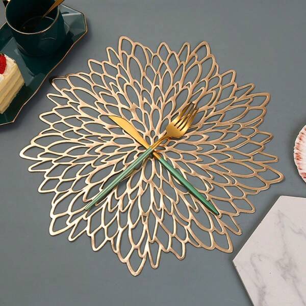 1pc/4PCS Solid Color Western Placemats Hibiscus Flower PVC Placemats Openwork Hot Stamping Placemats Coasters Heat Insulating Mats Coffee Mats Table Home Decoration Mats