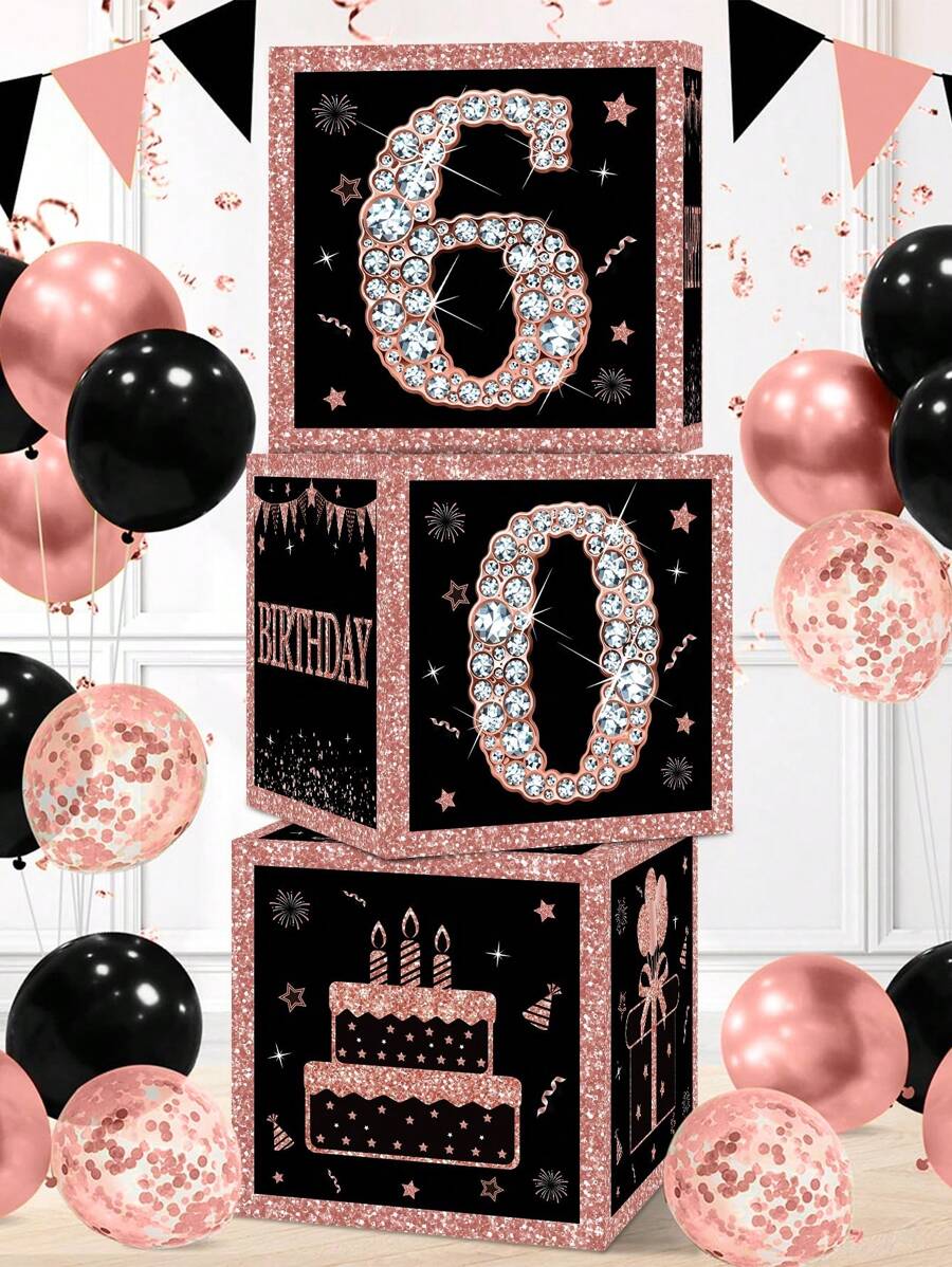 3 件套 27 厘米 60 岁玫瑰金生日惊喜盒，60 岁生日派对房间背景装饰，拍照道具，生日礼物，圣诞节