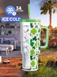 40盎司带把手吸管保温杯，真空保温水瓶，带吸管盖，不锈钢保温旅行杯，100%防漏，保冷34小时（三叶草图案） - 綠色 - 查看 9