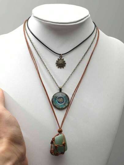 3pcs Vintage Gothic Style Adjustable Sun-Shaped Stone Pendant Necklace Set, Natural Turquoise & Green Crystal Ornament Women Y2K Necklace Set