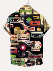 男士復古卡式帶和唱片印花短袖休閒襯衫 - 彩色 - 查看 2
