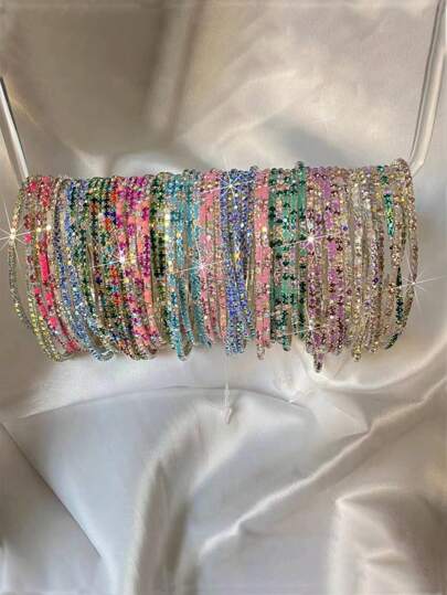 20pcs Assorted Shiny Rhinestone Elastic Tennis Bracelet For Women - Random Color