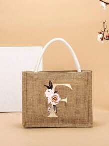 Pendlertasche Handtasche Leinentasche farblicher Kontrast tragbar für Festivals, Schule, Geschenktüte, Einkaufstasche, Handtasche für Frauen, Mode Jutegewebe Einkaufstasche mit modischem Buchstaben- und Blumenmuster aus Leinenmaterial für College-Studenten, Büroarbeiter, Damen, Lehrer, Valentinstag-Geschenk für Paar, beste Geschenke für Lehrer, Dankeschön-Geschenk für Lehrer - Khaki - Übersicht 22