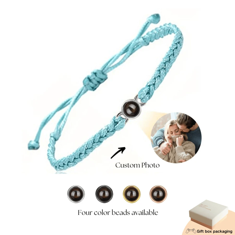 1入訂製照片投影手鍊，男女、情侶、家人、朋友和寵物的手帶。個性化假日、母親節禮物、父親節禮物、情人節禮物和生日禮物 - 藍色繩子 - 查看 1