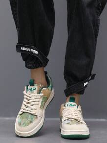 復古森林油畫圖案拼色前帶時尚透氣休閒運動鞋,中性 - 米色 - 查看 6