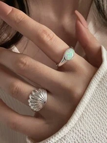 2 chiếc nhẫn mở thời trang được trang trí bằng vỏ, thích hợp cho trang phục hàng ngày của phụ nữ - Bạc - Xem 3