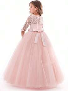 Vestidos infantiles de princesa con estampado hueco de encaje - Rosa - Ver 3