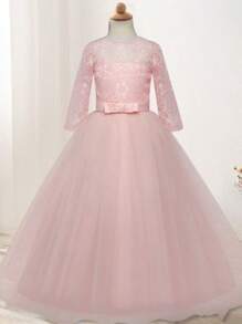 Vestidos infantiles de princesa con estampado hueco de encaje - Rosa - Ver 4