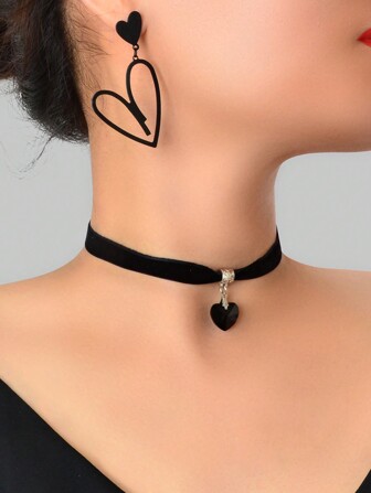 3 st Retro Hjärthänge Svart Sammet Choker Halsband Hjärta Dingle Örhängen Fest Smyckesset Alla hjärtans dag, Mamma, Mor, Mors Dag, Present