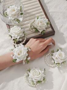 6 件装玫瑰花束，带满天星，适合新娘、伴娘、母亲、婆婆，饰有人造珍珠串珠链和腕带，非常适合婚礼、周年纪念、舞会和其他特殊场合情人节情人节