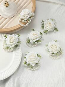 6 件装玫瑰花束，带满天星，适合新娘、伴娘、母亲、婆婆，饰有人造珍珠串珠链和腕带，非常适合婚礼、周年纪念、舞会和其他特殊场合情人节情人节