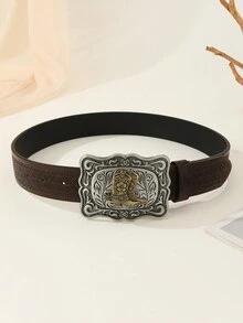 西式牛皮十字綁帶，適用於跨境電商，年輕、搖滾風格，是由PU材質製成並有大扣頭皮革花紋男士腰帶 - 棕色 - 查看 2