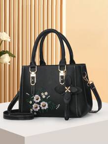 Women's Fashionable Embroidered Mom Bag, Large Tote Bag For Daily Use With Free Pendant, Best Mother Day Gifts Ever - Black - View 1