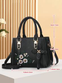 Women's Fashionable Embroidered Mom Bag, Large Tote Bag For Daily Use With Free Pendant, Best Mother Day Gifts Ever - Black - View 2