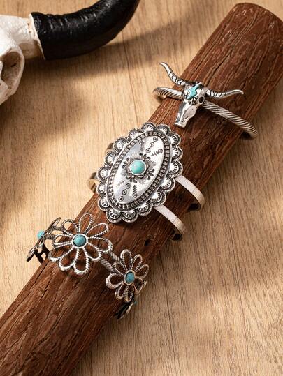 1 pieza Brazalete tipo concha con cabeza de vaca decorativa de piedra de turquesa azul estilo suroeste y occidental, brazalete de estilo vaquero