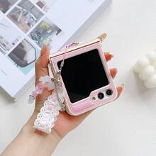 Pearlescent Cross & Same-Colored Flower Pattern Phone Case, Foldable, Compatible With Samsung Galaxy Z Flip3 / Z Flip4 / Z Flip5, OPPO Find N2 Flip ,N3Flip