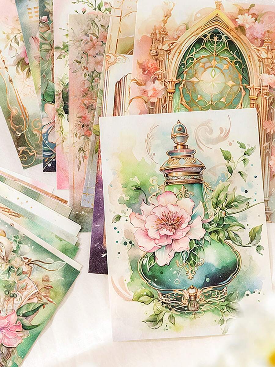 CANDY POETRY 50張/冊以花為主題的輕質紙質筆記本手帳剪貼簿裝飾背景紙，適用於日記、相冊、畫框裝飾-幻想巴洛克系列，復古英式風格 - 彩色 - 查看 1