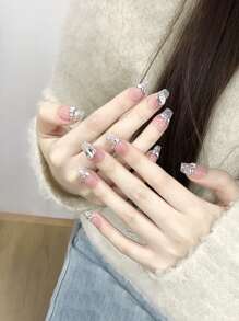 10 件半透明粉色钻石形手工按压指甲，适合女孩，短棺材形闪光法式假指甲，可重复使用的芭蕾指甲，带果冻凝胶和指甲锉，适用于 DIY 美甲音乐节按压指甲美甲用品