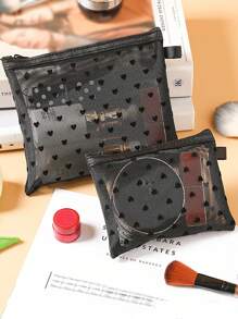1pc/3pcs Love Printed Cosmetic Bag Flocked Storage Bag, Touch Up Card Bag Carry-On Cosmetic Bag Large Capacity Cosmetic Bag Portable Cosmetic Storage Bag, And Coin Purse Toiletry Bag Travel Handy Storage Bag For Women Small Bag Mesh Cosmetic Bag Storage Hollow Toiletry Bag, Toiletries Bag Heart Printed Transparent Mesh Cosmetic Bag Travel Toiletries Makeup Bag School Supplies Travel Essentials Make Up Bag Holiday Essentials Makeup Bags Makeup Pouch Makeup Organizer Holiday Winter Make Up Organizer Makeup Storage Back To School Supplies - Black - View 4