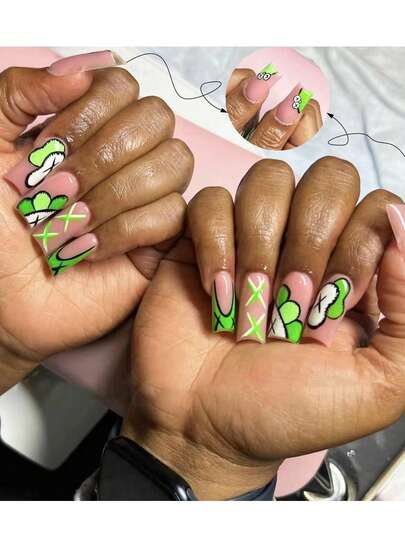 緑色のカートゥーングラフィティパターンのネイルステッカー24枚セット、簡単で便利、春と夏の屋外活動に適しています。