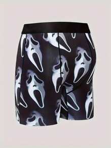 男士长款创意数码印花尖叫图案运动拳击骑行宽松短裤 - 黑與白 - 查看 4