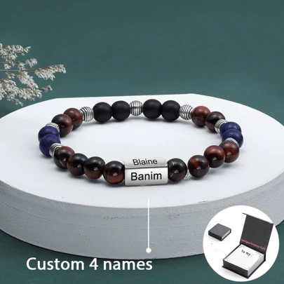 Pärlarmband för män Anpassa fyra namn om familjemedlemmar, farsdagspresent, Unio-present till make