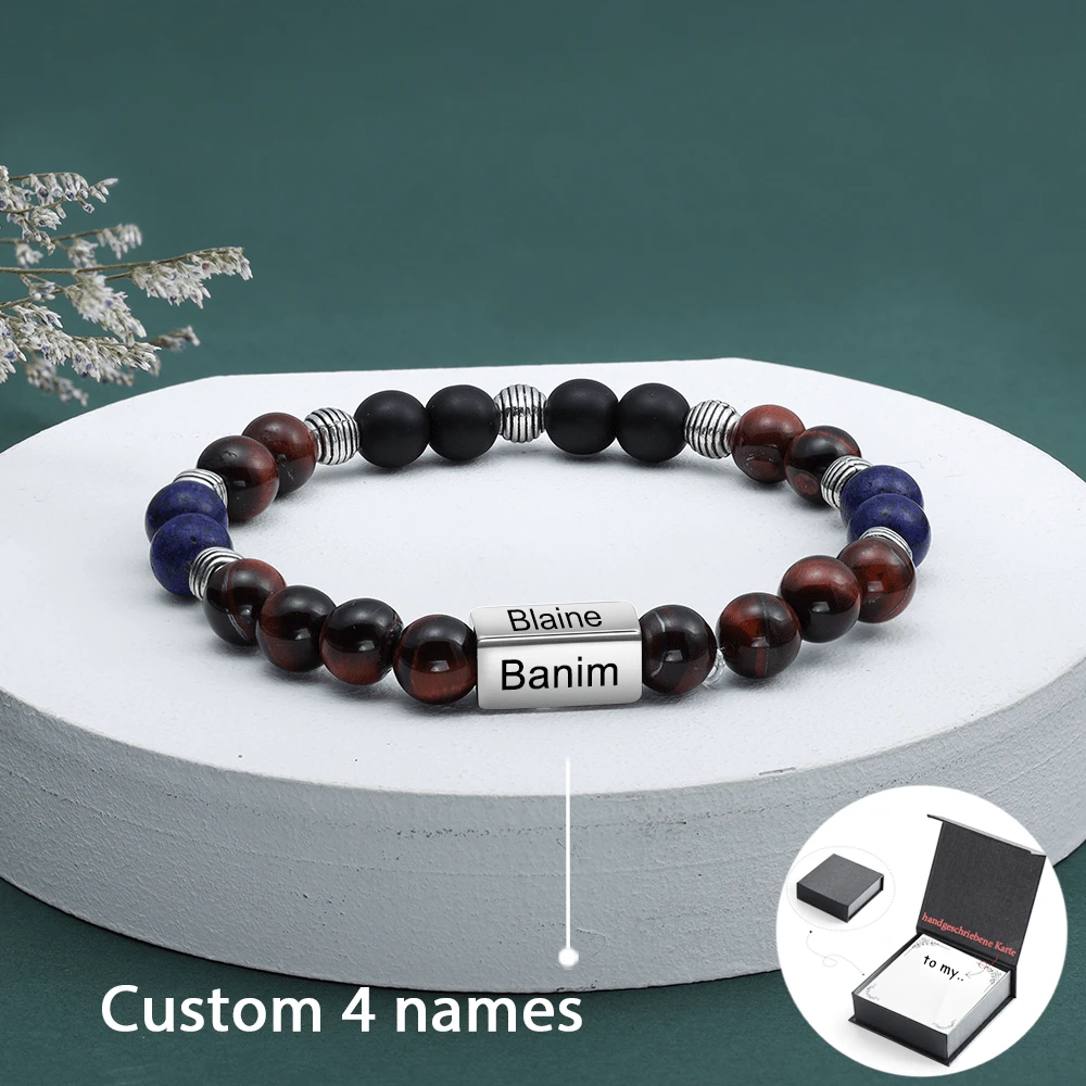 Men Beaded Bracelet Customize Four Names About Family Members,Father's Day Gift,Unio Gift For Husband - Black - View 1