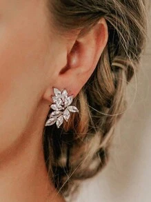 1對時尚經典超閃耀鑽石條形晶體耳釘，創意葉子女士飾品 - ET-76 - 查看 3