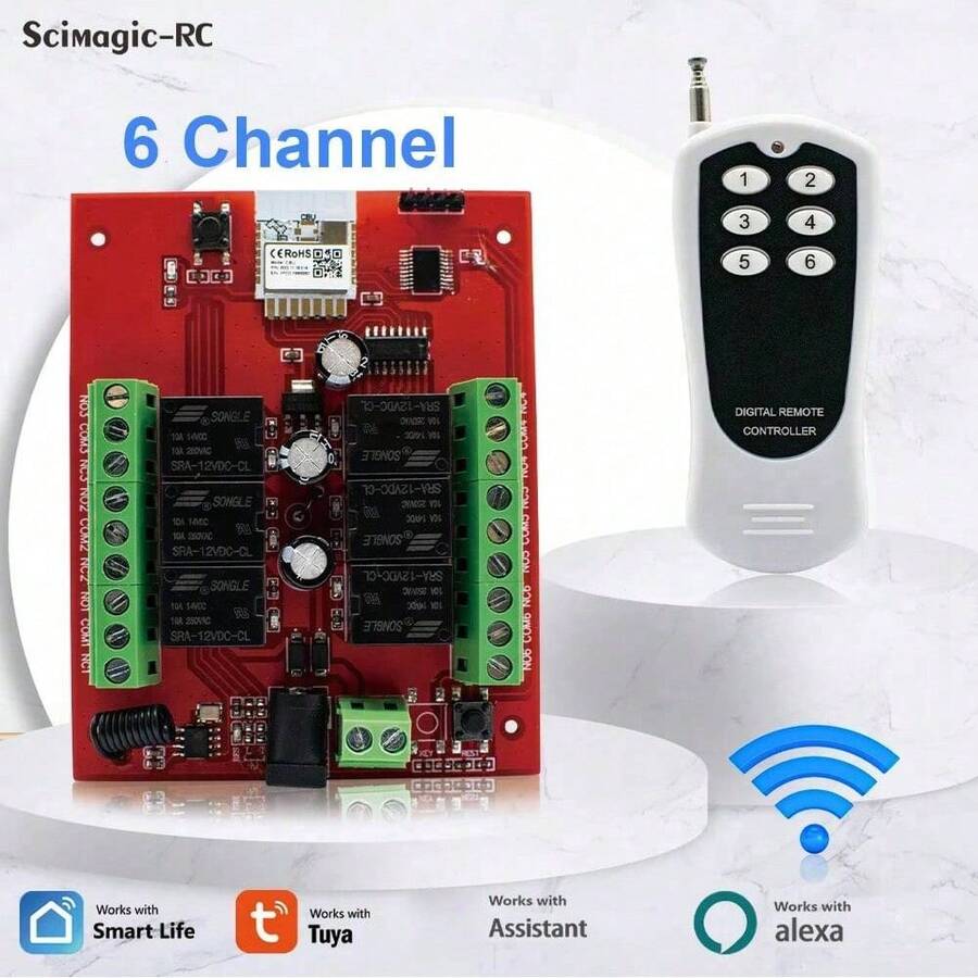 Módulo de interruptor relé auto-bloqueante Tuya Smart WiFi de 6 canales, control remoto, bricolaje, receptor de controlador DC 12V 24V, compatible con control de voz Alexa Home, con transmisor 6CH de 433mhz. No incluye batería.