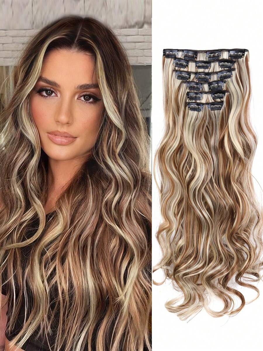 Clip In Hair Extension 20Inch Long Synthetic Hair Heat Resistant Hairpiece Natural Wavy  Brown With Light Blonde Tips Thick Hairpieces Natural  Hair Piece - Multicolor - View 1