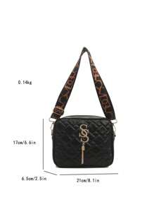 菱形拼接棉被肩帶拉鍊包，鏈條背帶斜挎手機包，休閒方形包適用日常 - 黑色 - 查看 6