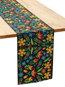 1入組35*180cm豐富多彩的花卉圖案墨西哥風格的聚酯桌布，適用於墨西哥亡靈節，房間桌面裝飾用品，墨西哥節日家庭聚會裝飾用品 - 彩色 - 查看 2