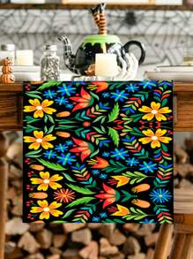 1入組35*180cm豐富多彩的花卉圖案墨西哥風格的聚酯桌布，適用於墨西哥亡靈節，房間桌面裝飾用品，墨西哥節日家庭聚會裝飾用品 - 彩色 - 查看 3