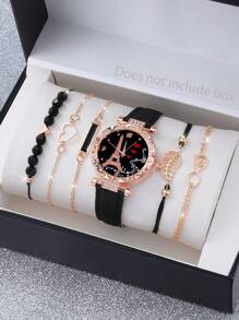 6pcs Girls Watch Set Including Eiffel Tower Design Quartz Watch, Sparkling Rhinestone Analog Watch And Bracelet, Great Gift For Children - Black - View 1