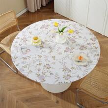 1pc Printed Round Tablecloth, Vinyl Flannel Backed Table Cover, 100% Waterproof And Oil-Resistant Plastic Tablecloth, Spring Flower Tablecloth, Round Elastic Edge, Suitable For Dinner Parties, Outdoors, And Picnics.