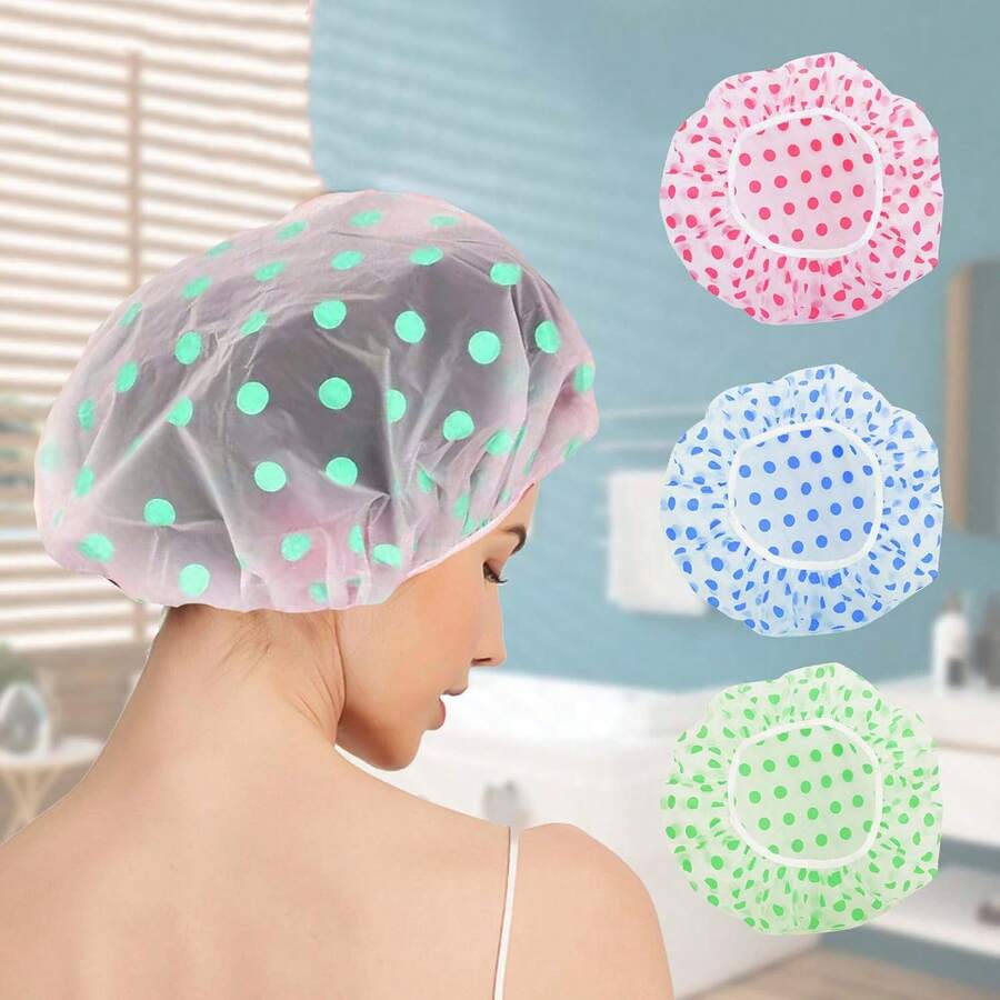 SMILHAPI 1 pieza Gorro de ducha impermeable azul de lunares de PVC para adultos, adecuado para uso repetido - Azul - Ver 1