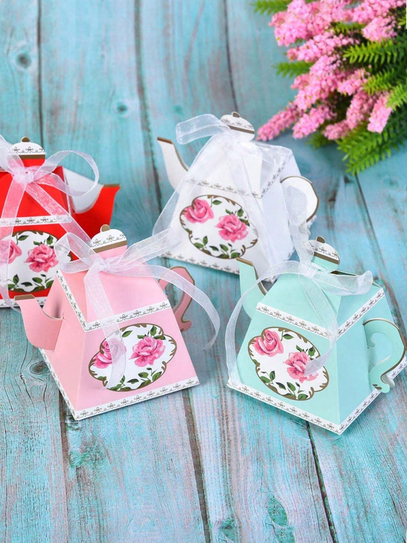 10pcs/Teapot Candy Gift BoxRetro Floral Teapot Shape Party Favor Box