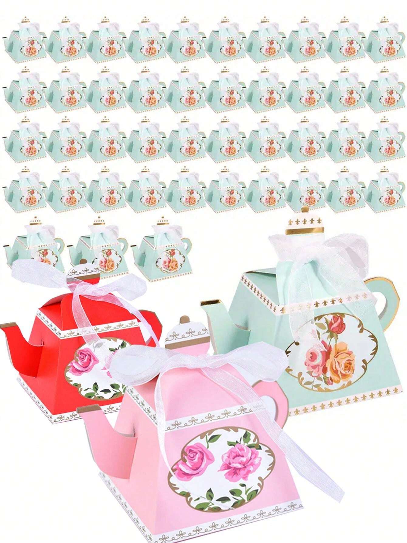 10pcs/Teapot Candy Gift BoxRetro Floral Teapot Shape Party Favor Box