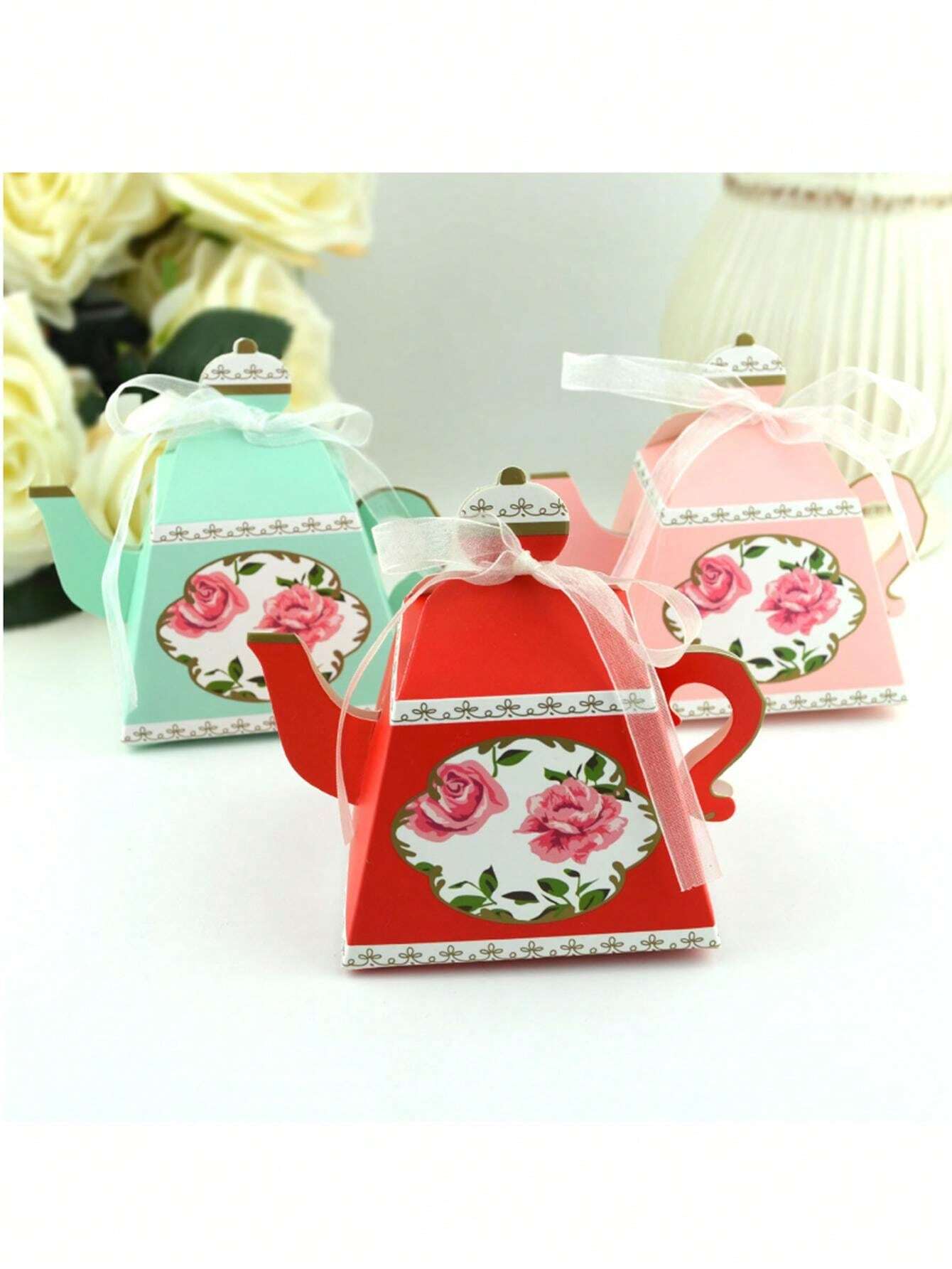 10pcs/Teapot Candy Gift BoxRetro Floral Teapot Shape Party Favor Box