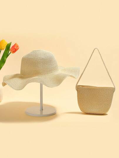 2pcs Women Wave Pattern Sunshade Sun Hat & Woven Seashell Shoulder Bag Suitable For Daily Holiday And Travel