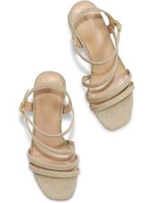 RoseRemy Women's Strappy Low Chunky Block Heel Sandals Open Toe Dress Shoes - Vàng - Xem 4