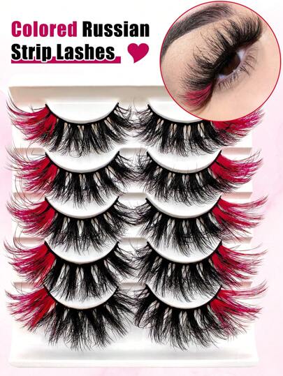 5 Pairs Red Colored Lashes Fluffy Faux Mink Lashes Lashes With Color On End Eyelashes, 20mm Dramatic Long Thick Cat Fox Eye Lashes Volume Full Curly False Eyelash Colorful Faux Mink Wispy Fluffy Long False Eyelashes Russian Strip D Curl Lash Strips Strip Lashes, Lashes, Eyelashes, Fake Lashes