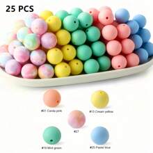 25pcs 15mm Silicone Solid Colorful Pattern Round Loose Beads For Jewelry Making DIY Special Key Bag Chain Pens Decors Bracelet Necklace Lanyards Beaded Craft Supplies