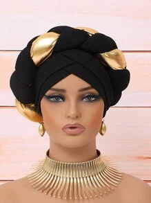 1件歐美風雙層邊波浪針織帽，配金色穗帶，適合女性穿搭時尚優雅 - 拼金色麻花辮 - 查看 11